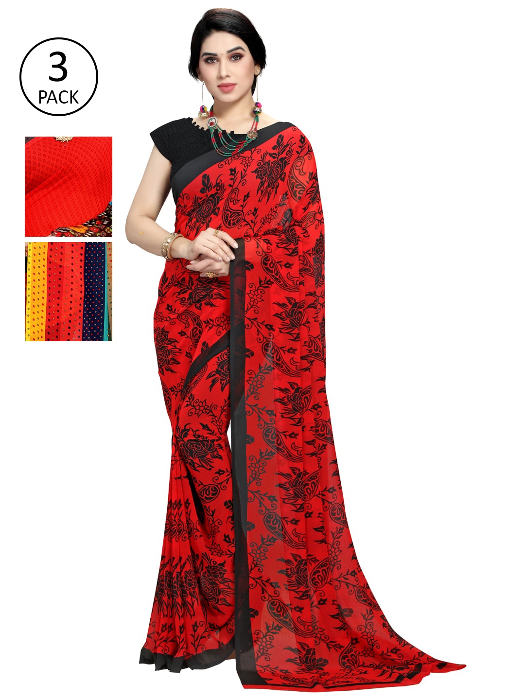 

KALINI Set Of 3 Printed Sarees, Red