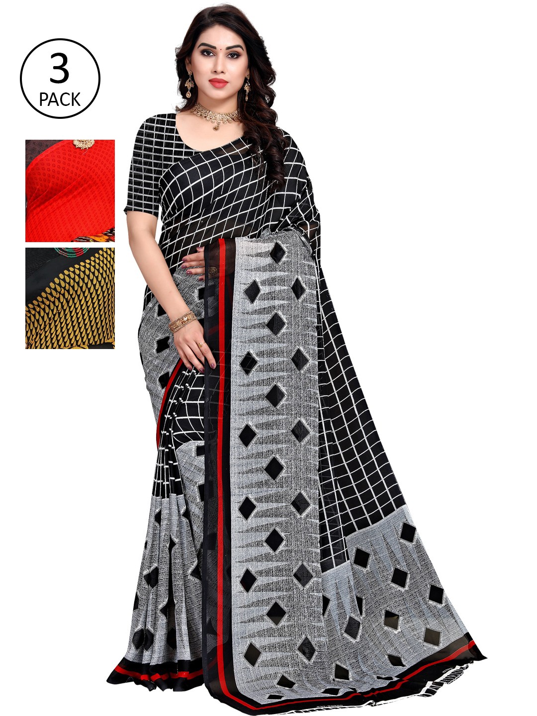

KALINI Pack of 3 Printed Sarees, Red