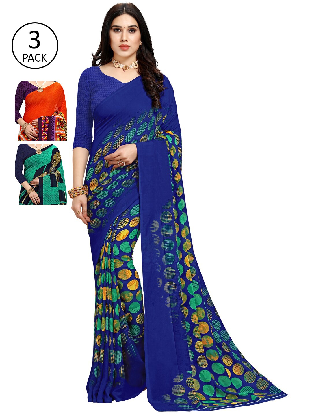 

KALINI Pack of 3 Printed Saree, Navy blue