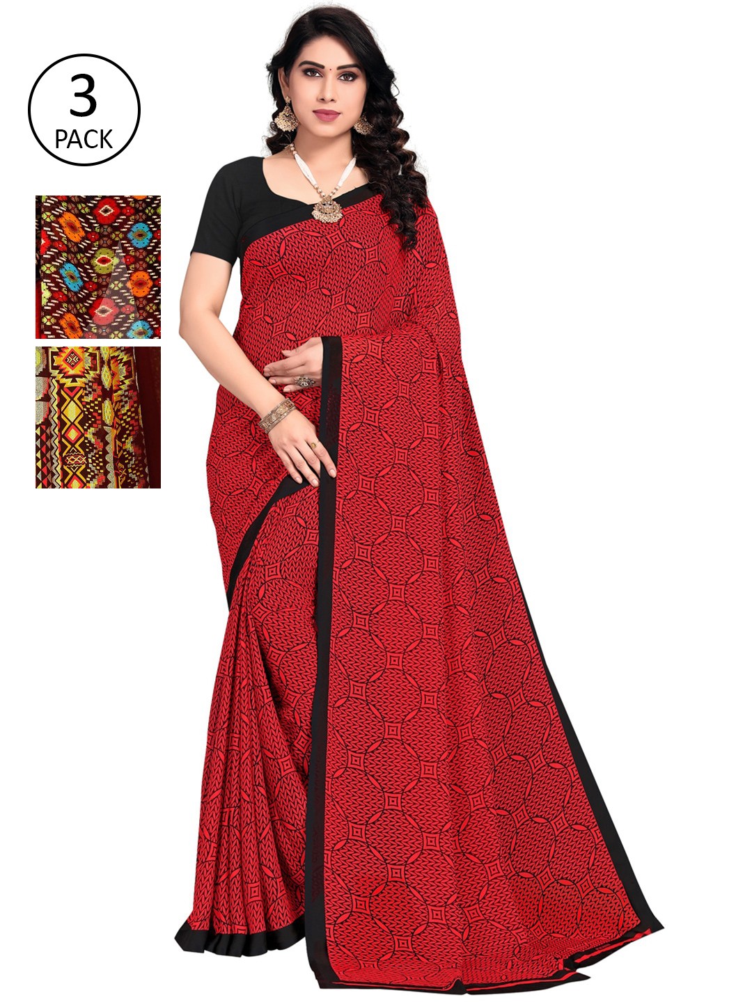 

KALINI Pack Of 3 Printed Poly Georgette Sarees, Red