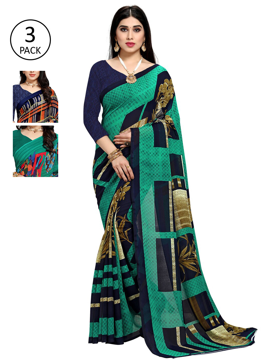 

KALINI Pack of 3 Navy Blue & Green Floral Saree