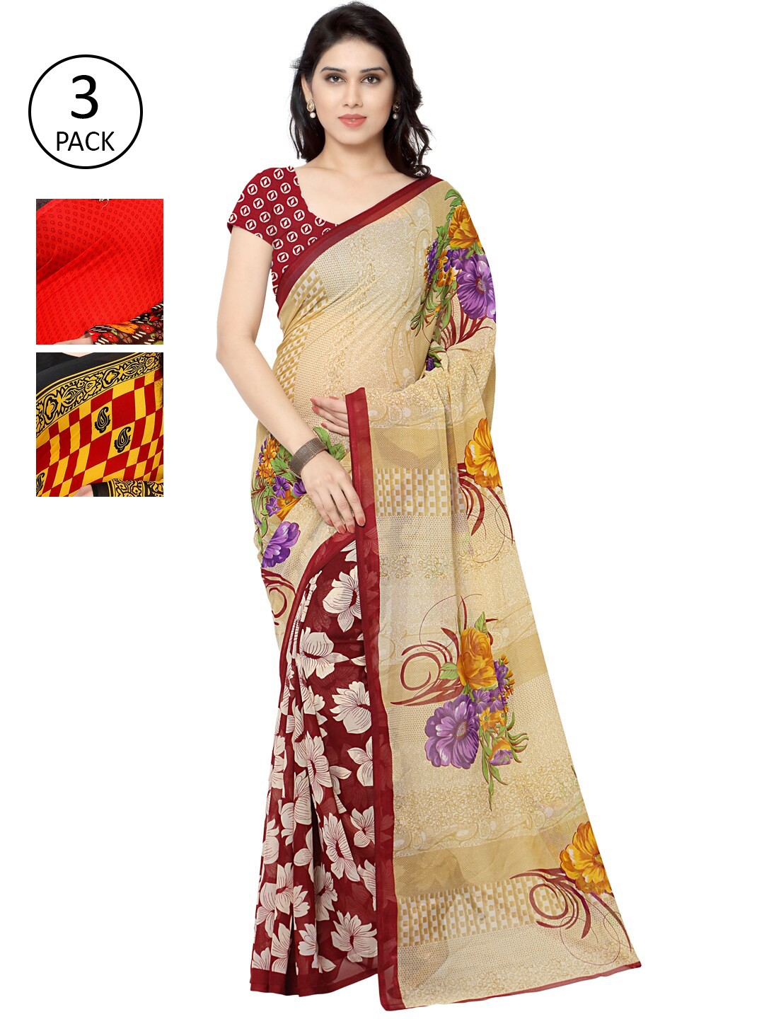 

KALINI Pack Of 3 Printed Sarees, Beige