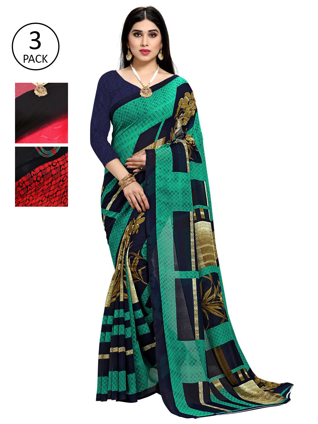 

KALINI Pack Of 3 Red & Black Saree