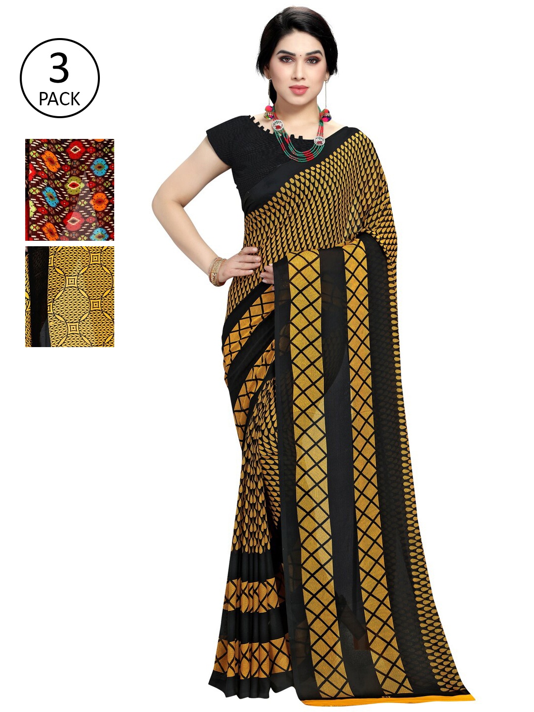 

KALINI Pack of 3 Multicoloured Ethnic Motifs Saree, Multi
