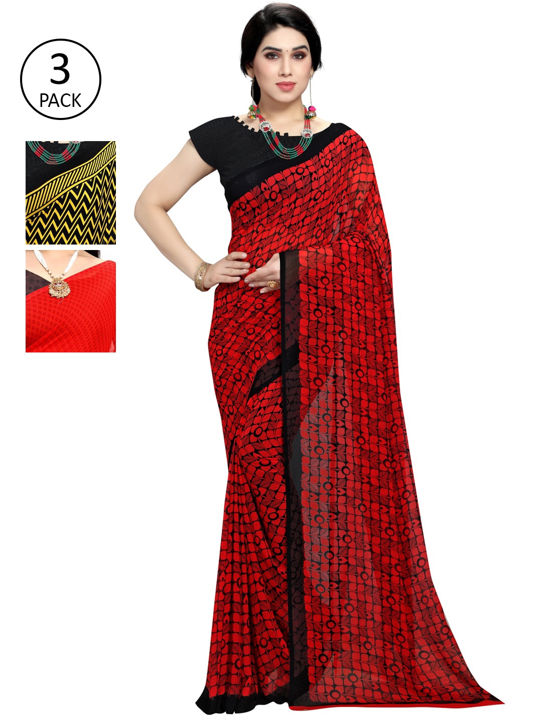 

KALINI Pack of 3 Printed Saree, Red