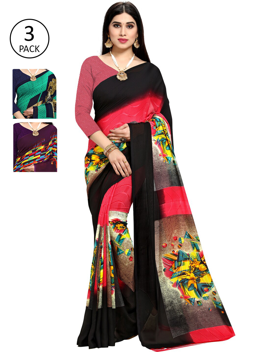 

KALINI Pack Of 3 Printed Poly Georgette Saree, Purple
