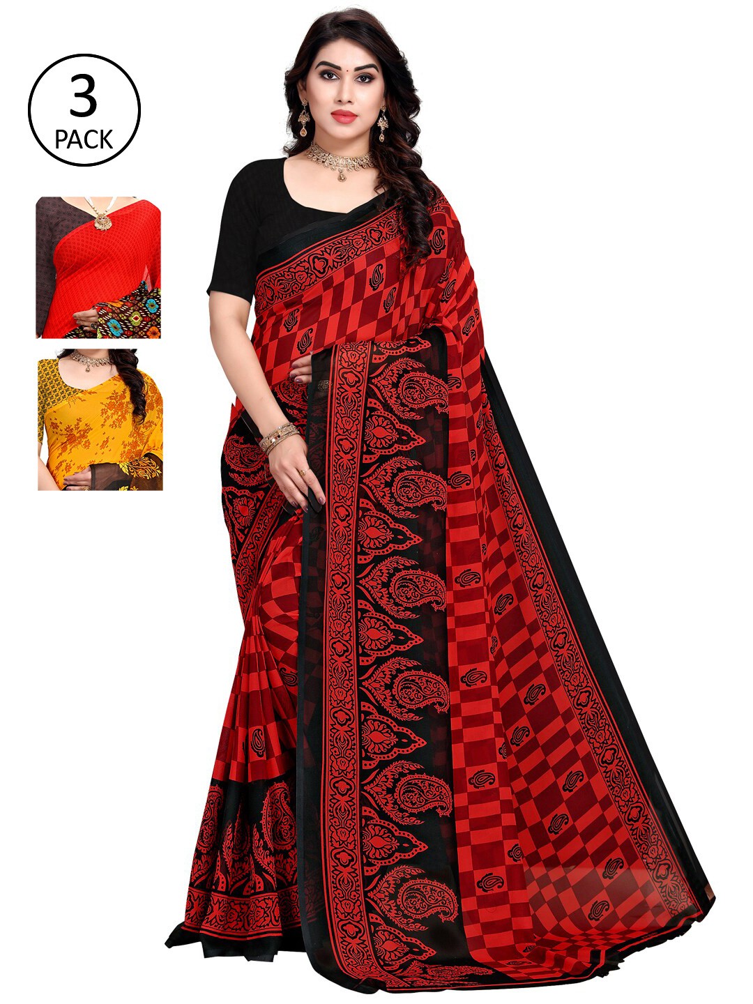 

KALINI Pack of 3 Printed Sarees, Red