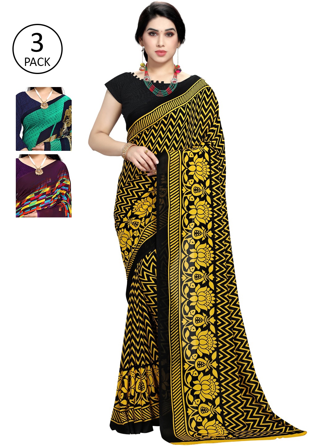 

KALINI Pack Of 3 Printed Poly Georgette Saree, Purple