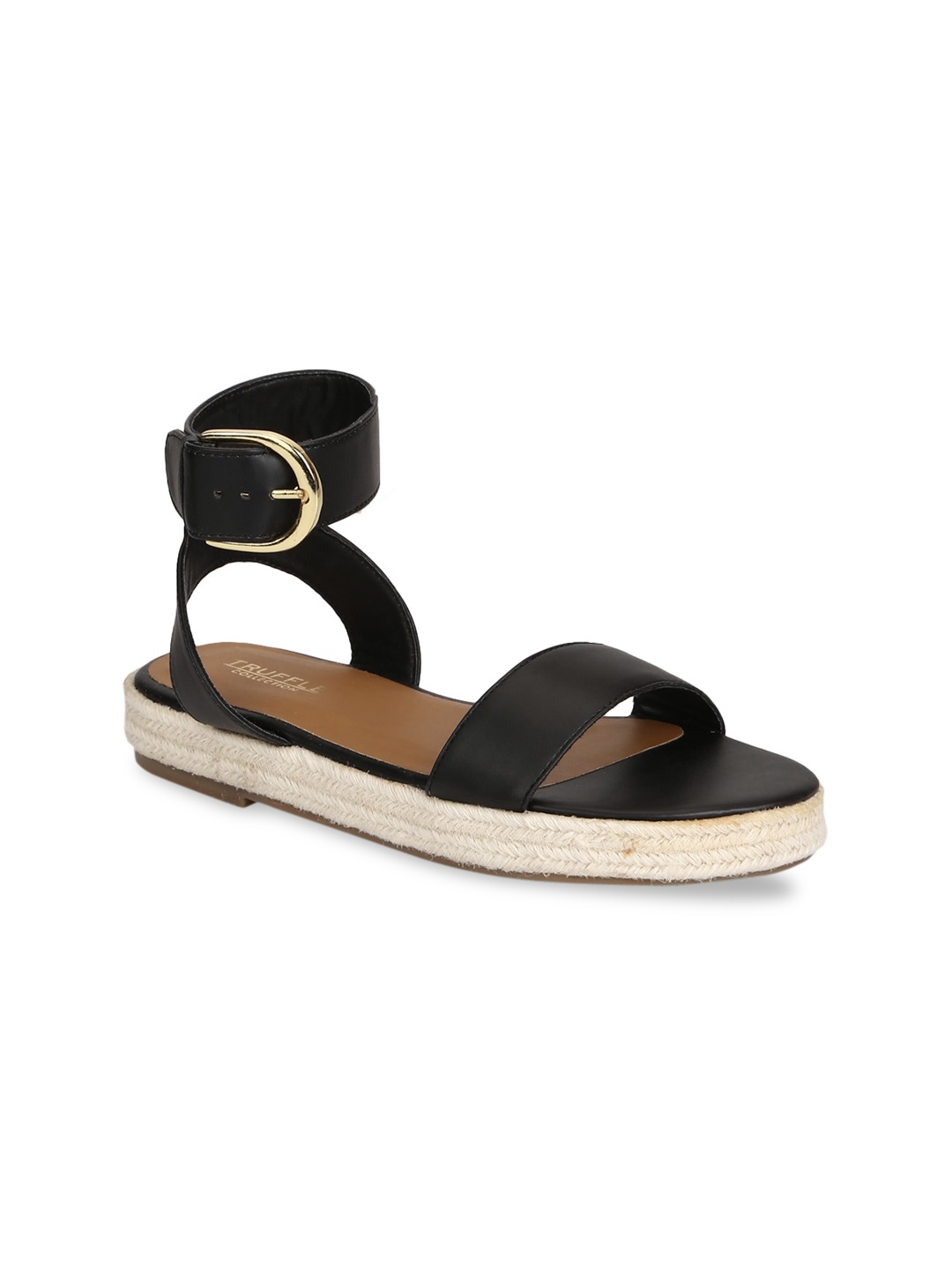 

Truffle Collection Women Black PU Flatform Sandals with Buckles