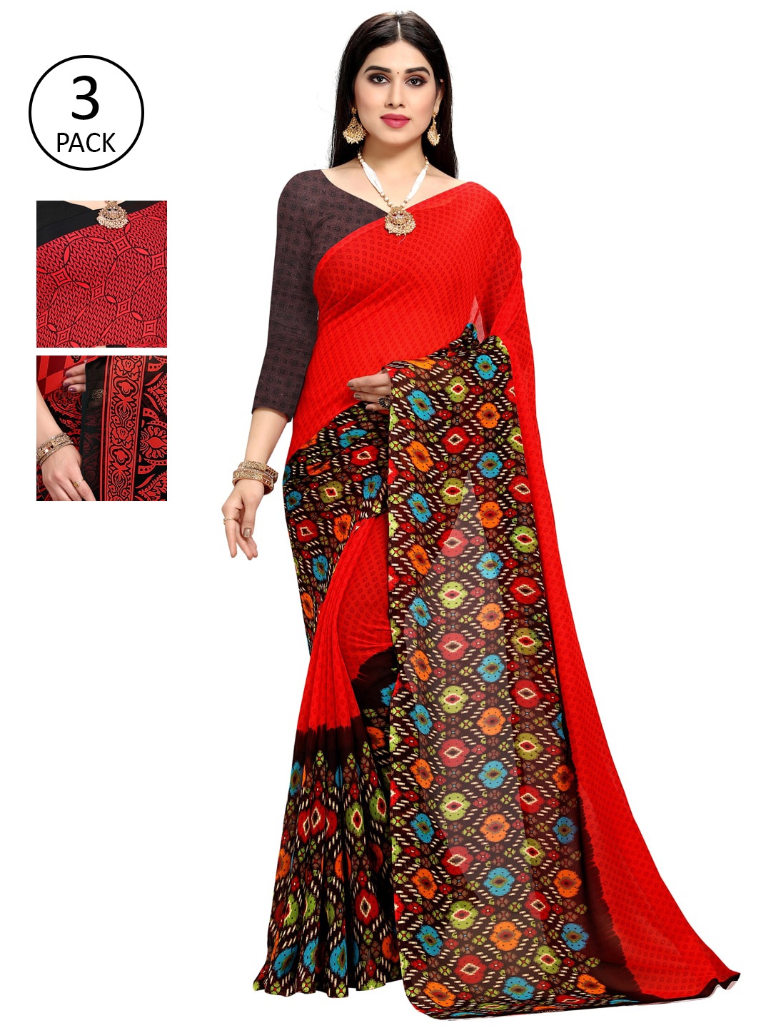 

KALINI Pack Of 3 Printed Sarees, Red