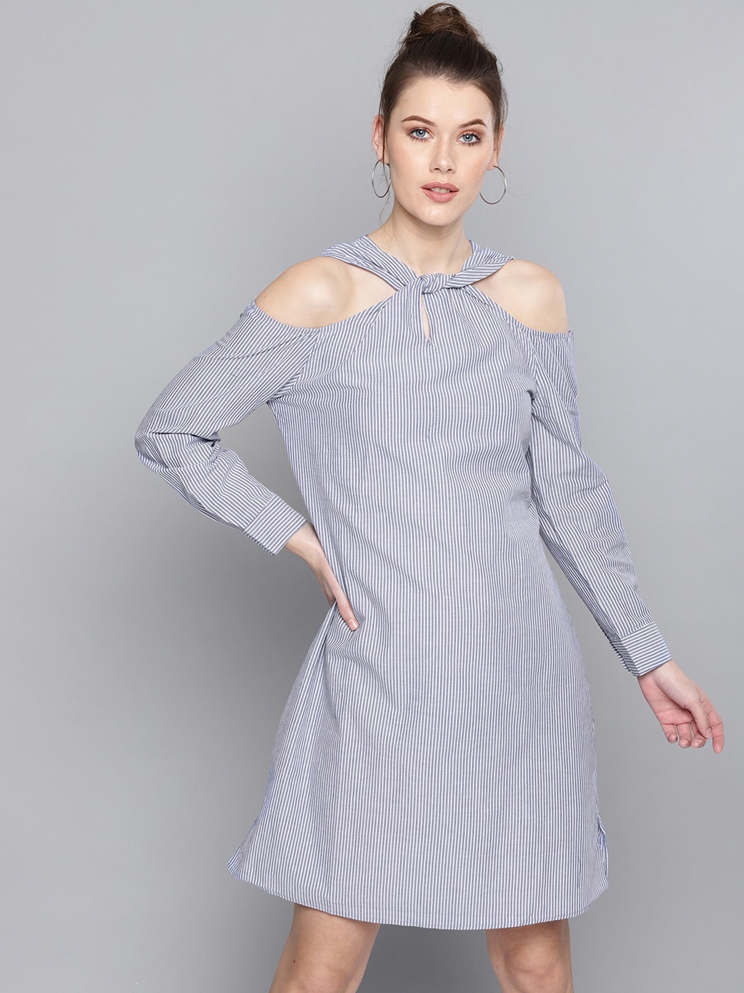

Marie Claire Woman Blue Striped Off-Shoulder A-Line Dress