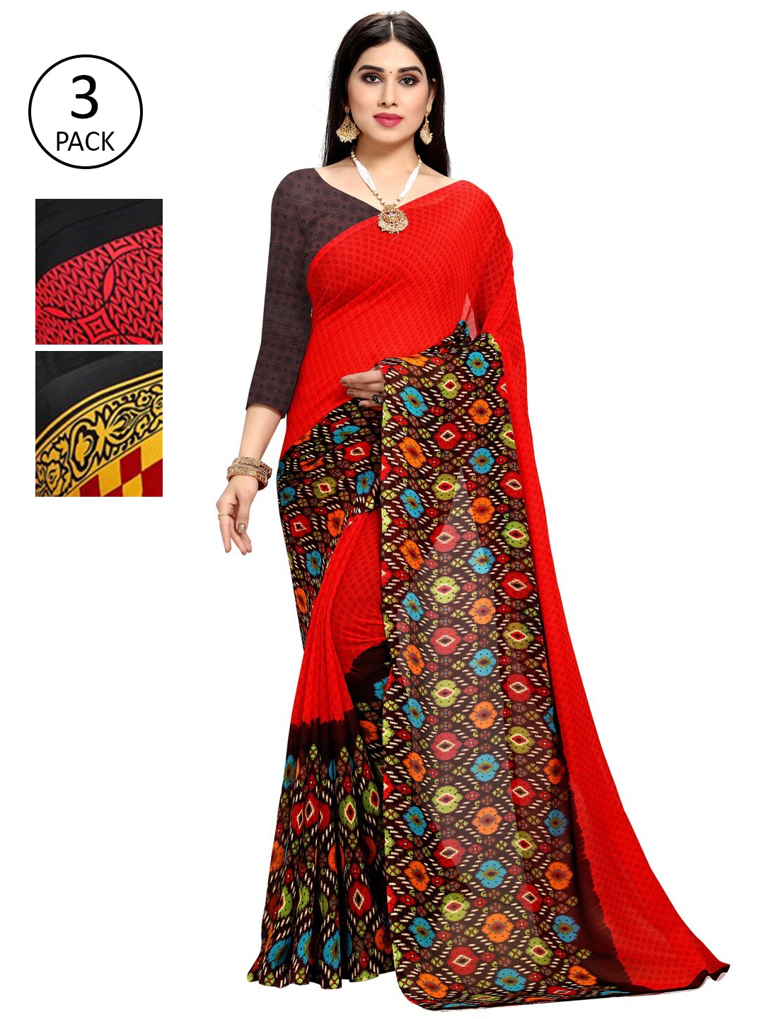 

KALINI Pack of 3 Printed Sarees, Red