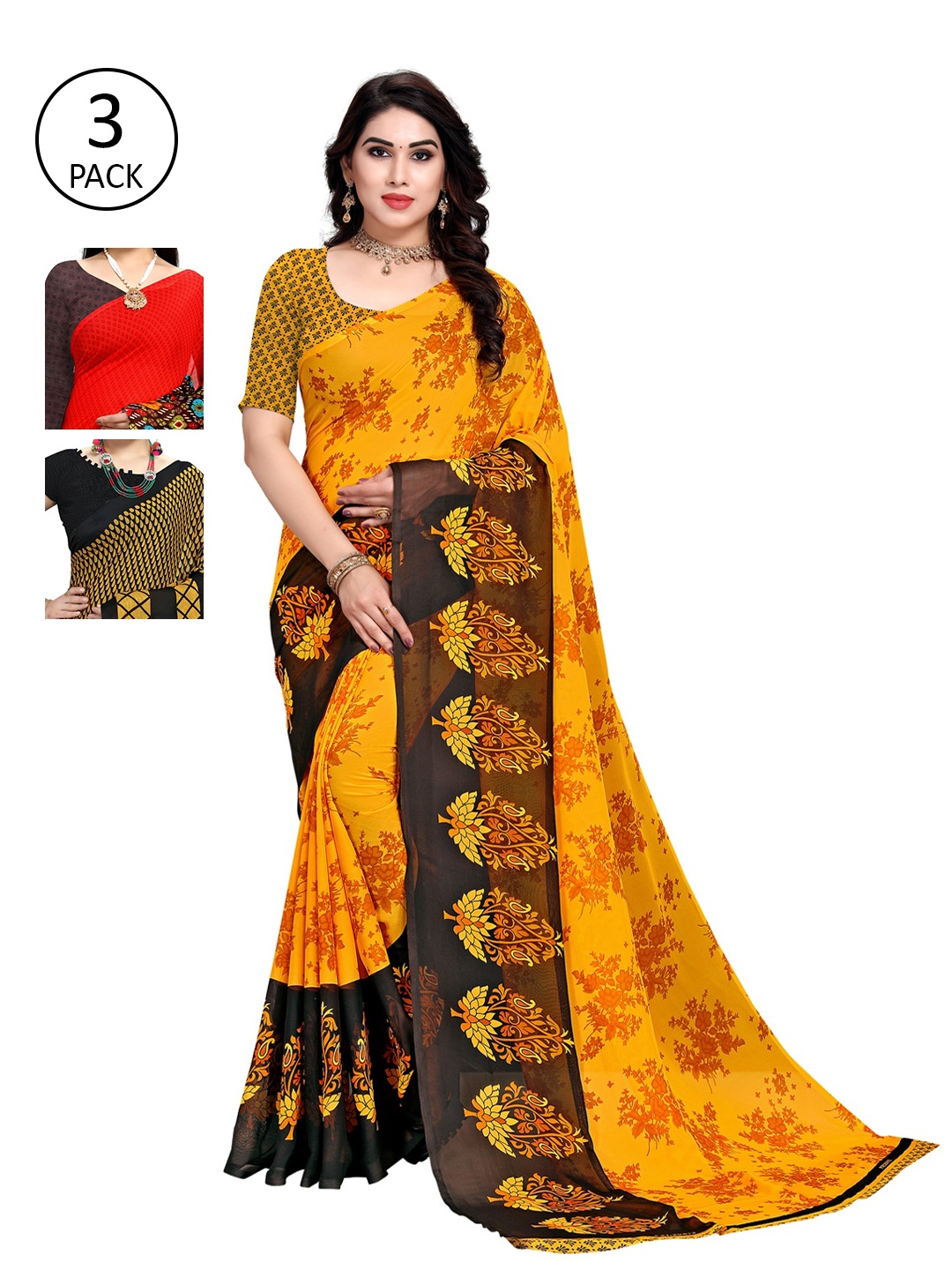 

KALINI Pack Of 3 Printed Sarees, Black
