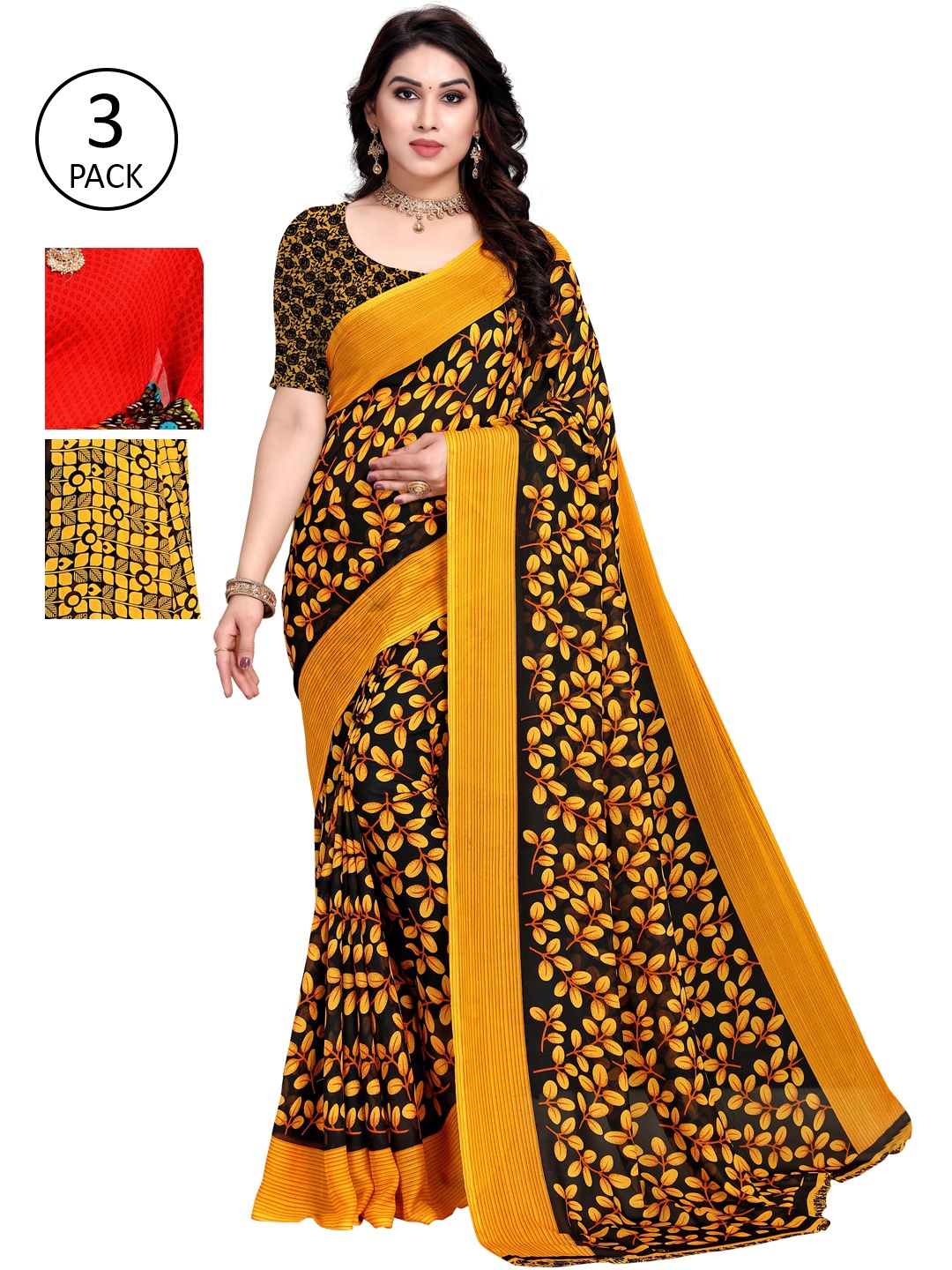 

KALINI Pack of 3 Printed Saree, Yellow