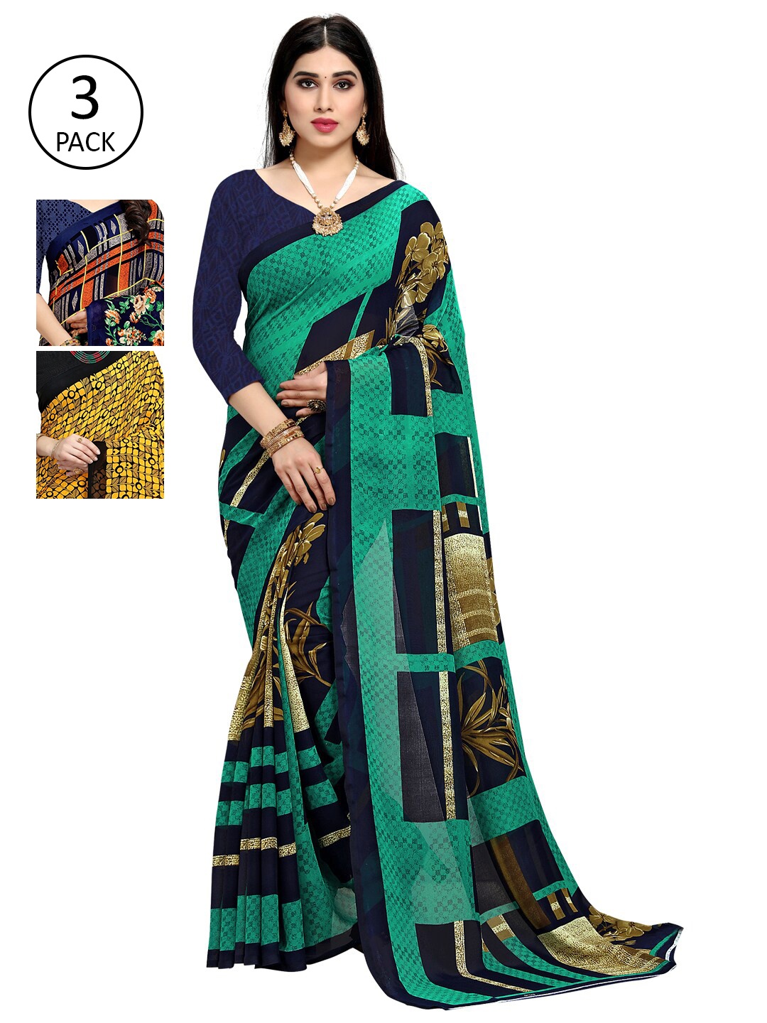 

KALINI Pack Of 3 Yellow & Sea Green Saree