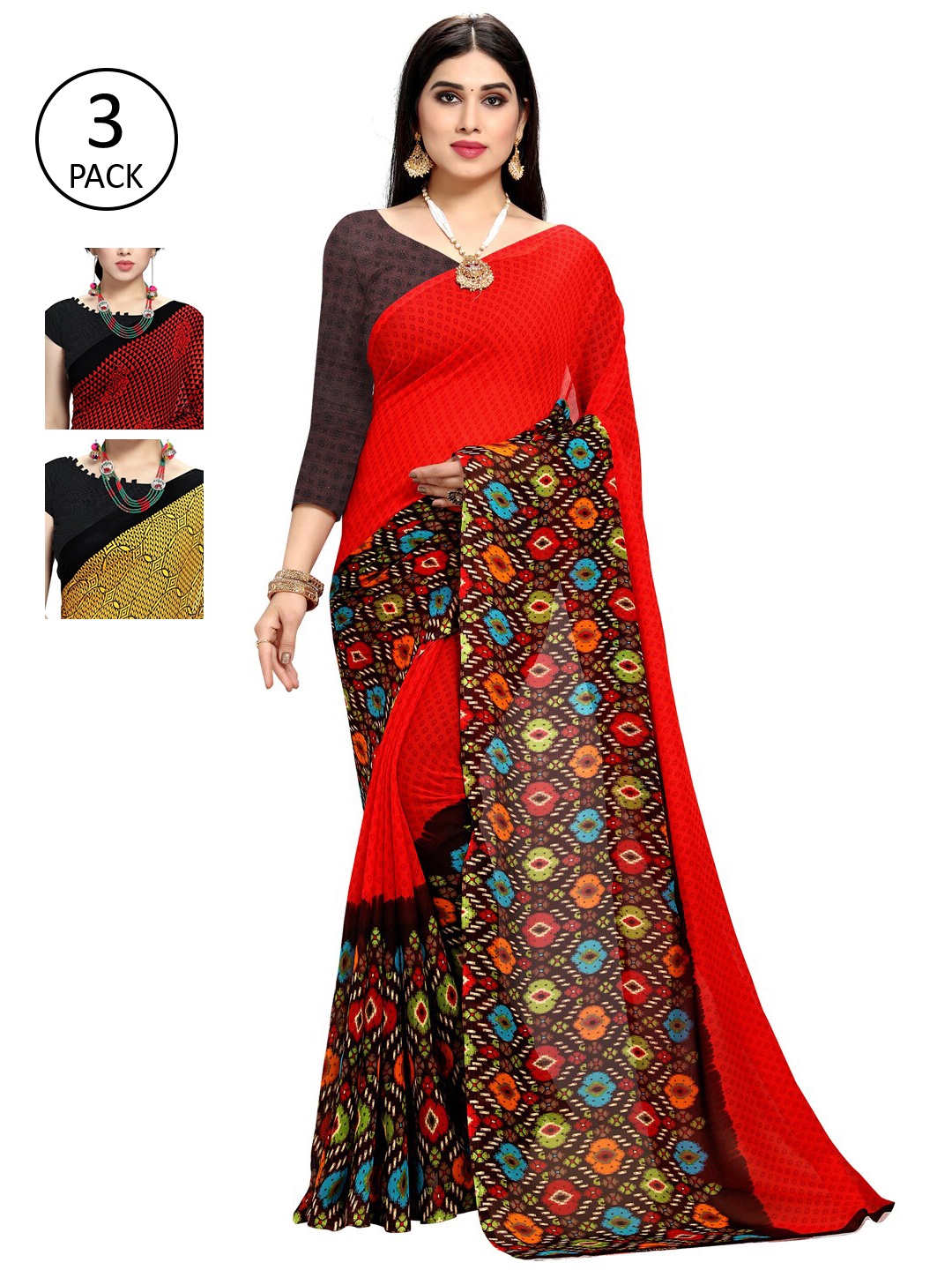 

KALINI Pack Of 3 Red & Black Saree