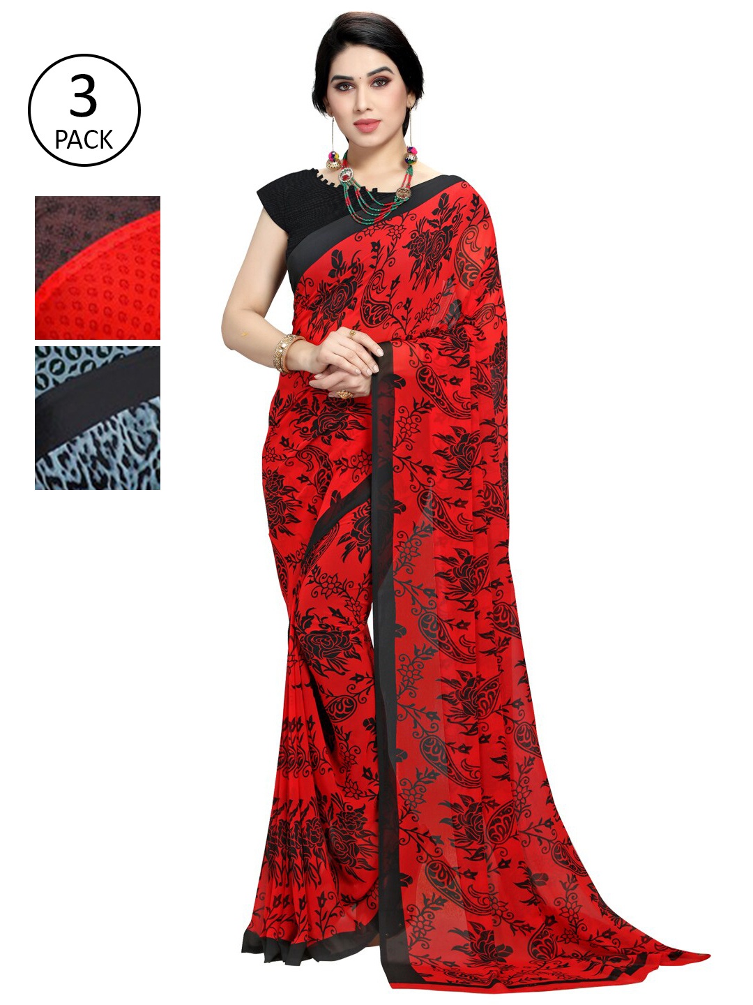 

KALINI Pack Of 3 Red & Black Ethnic Motifs Saree