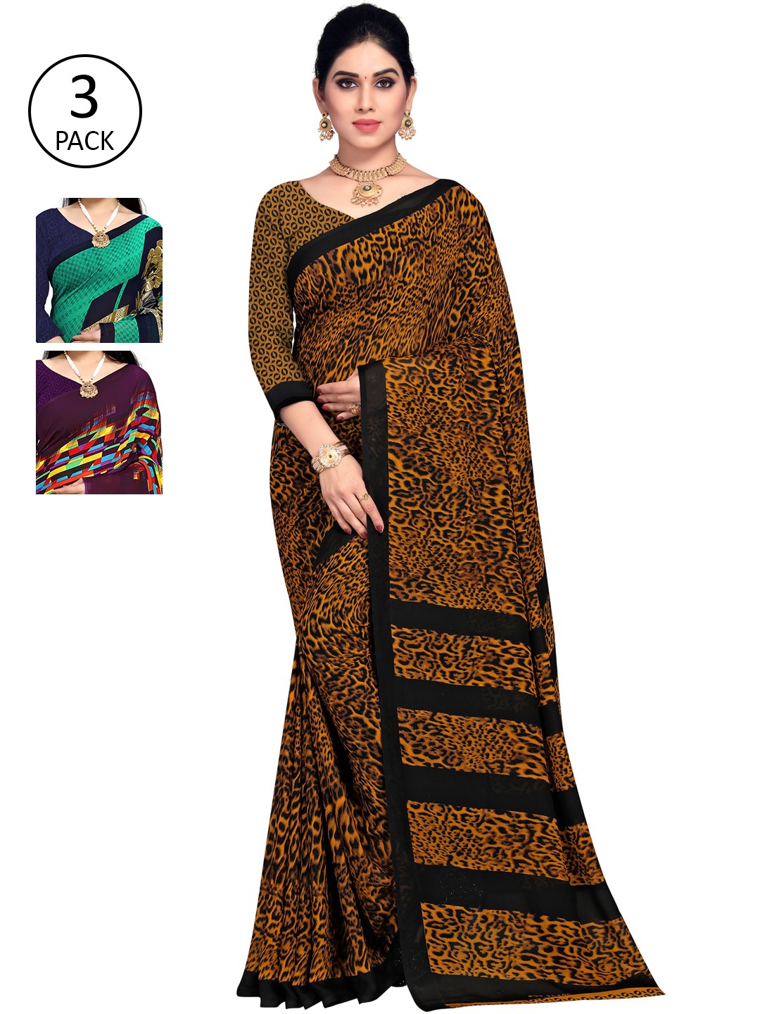 

KALINI Pack Of 3 Printed Poly Georgette Sarees, Sea green