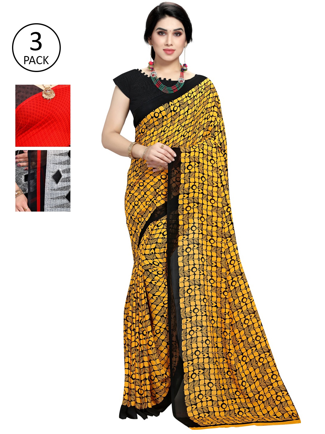 

KALINI Pack of 3 Printed Sarees, Red