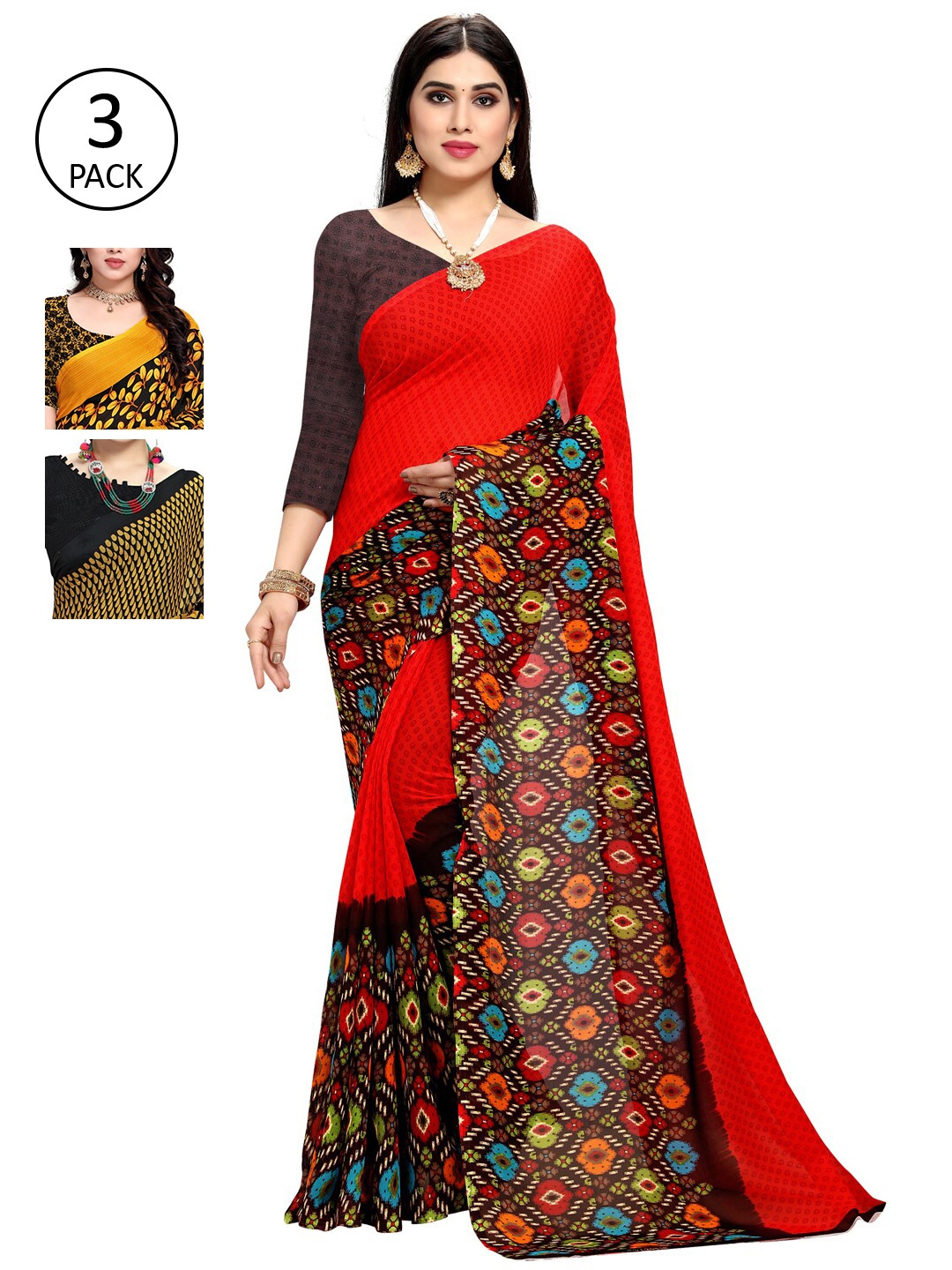 

KALINI Pack of 3 Poly Georgette Saree, Black