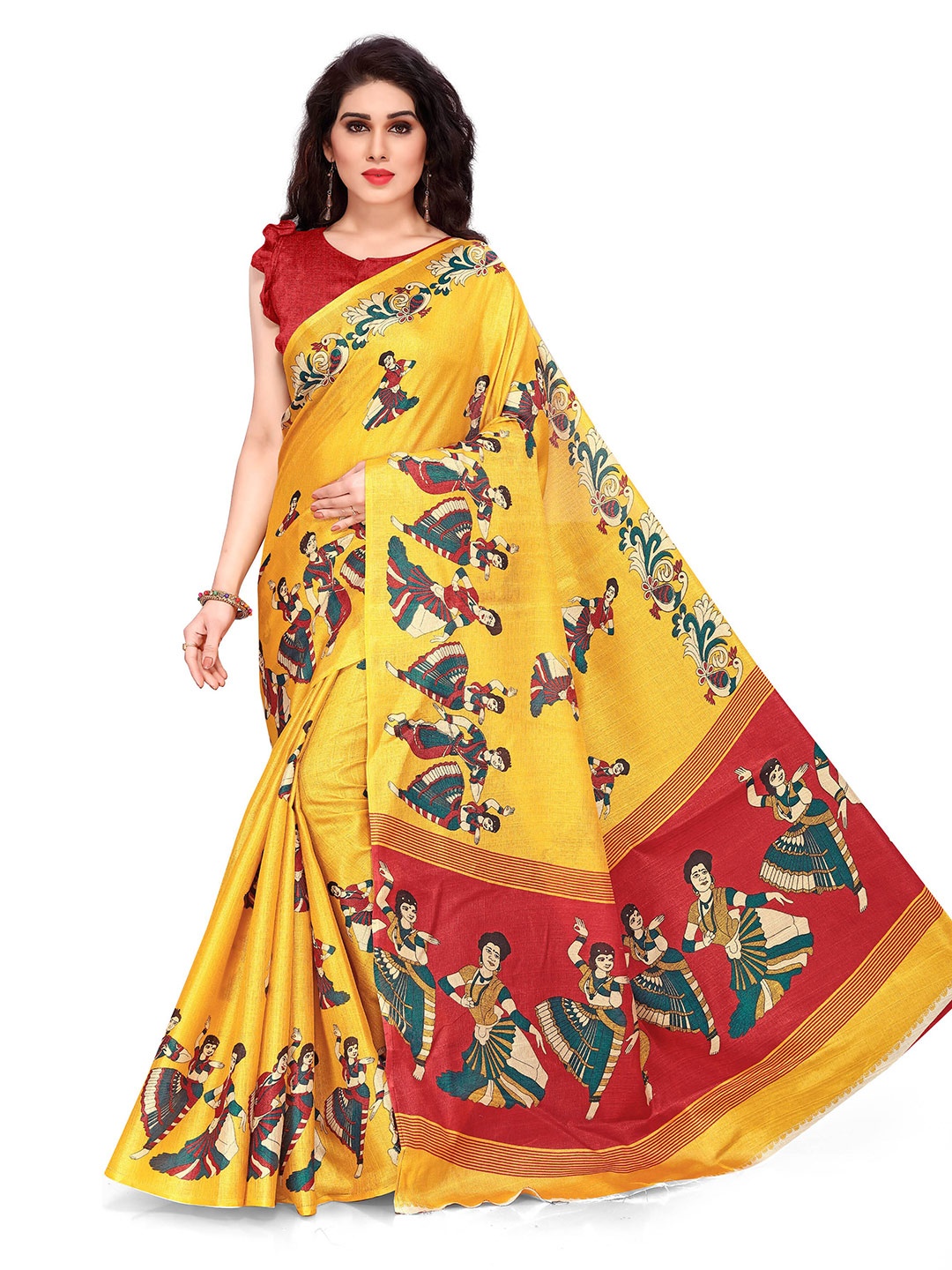 

KALINI Mustard & Red Ethnic Motifs Printed Art Silk Saree