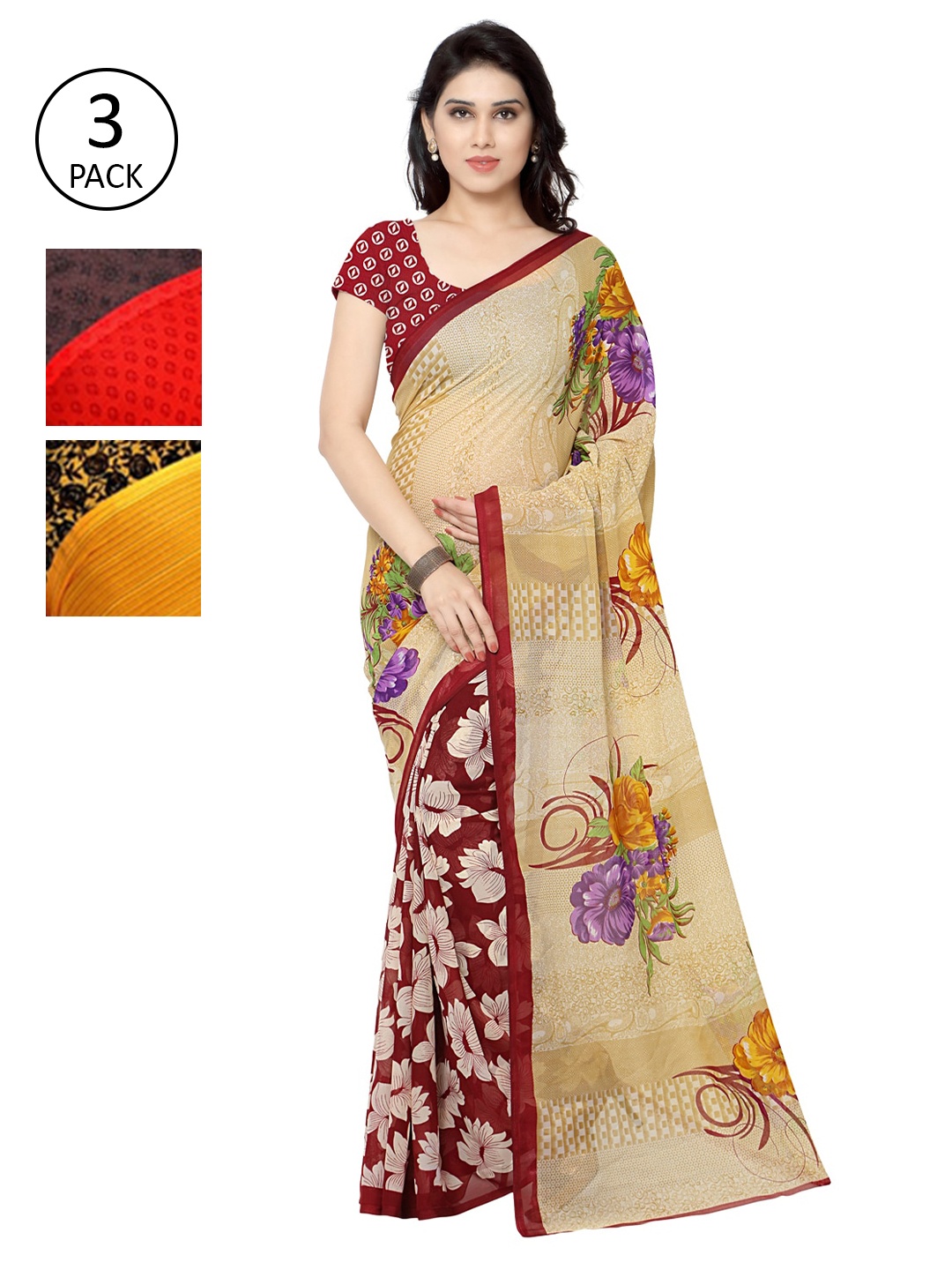 

KALINI Pack Of 3 Yellow & Black Floral Saree