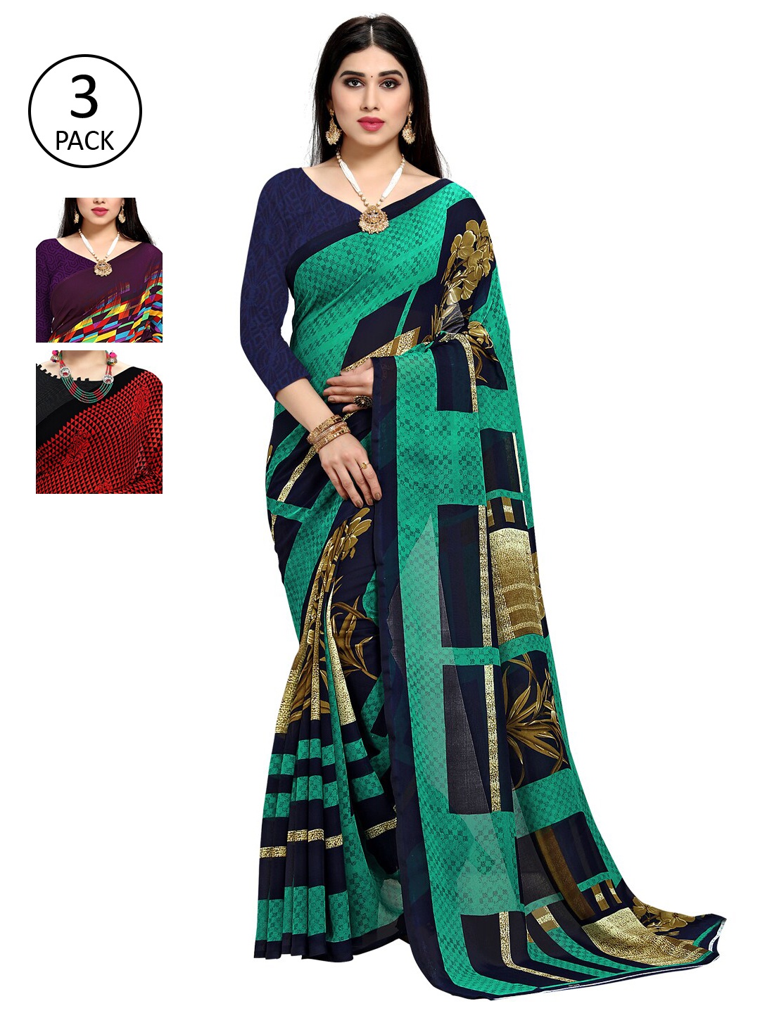 

KALINI Pack of 3 Printed Sarees, Navy blue