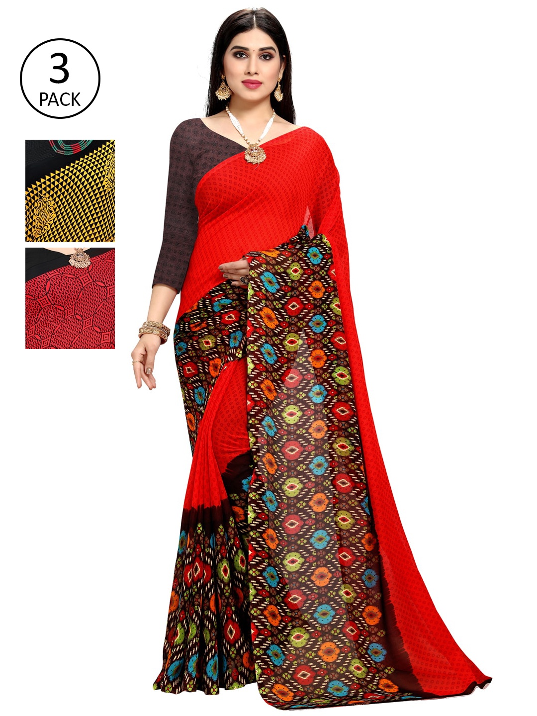 

KALINI Pack Of 3 Printed Poly Georgette Saree, Red