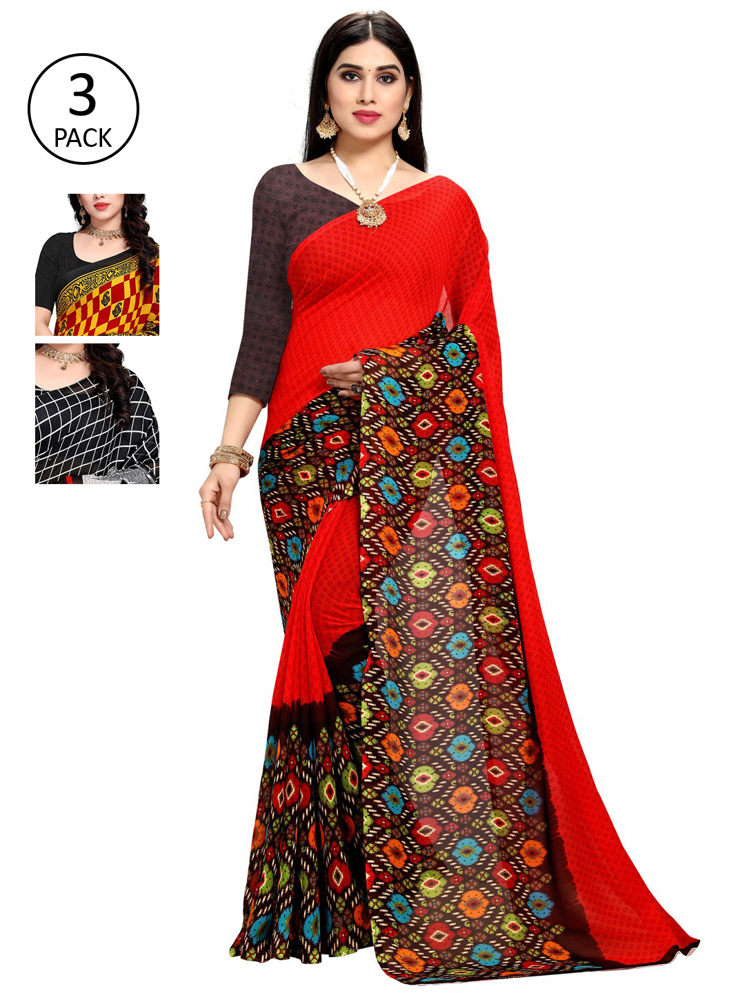 

KALINI Pack of 3 Printed Sarees, Red