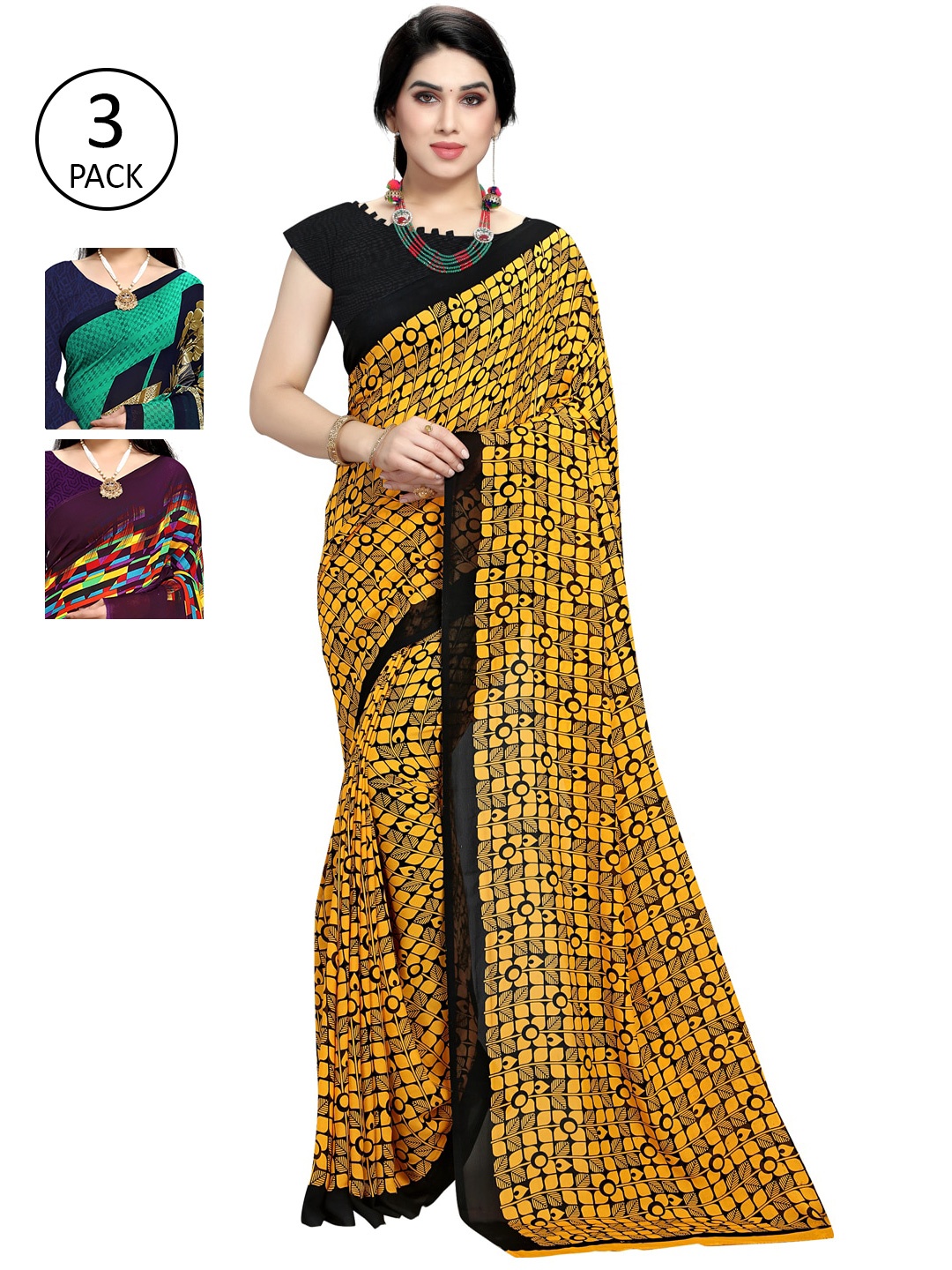 

KALINI Multicoloured Pack Of 3 Printed Saree, Sea green