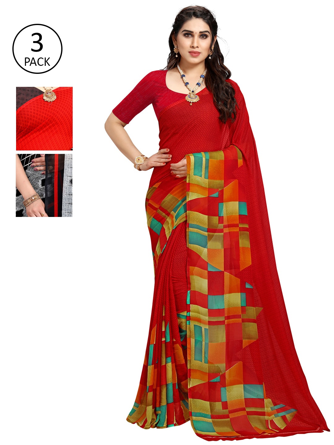 

KALINI Pack Of 3 Printed Sarees, Orange