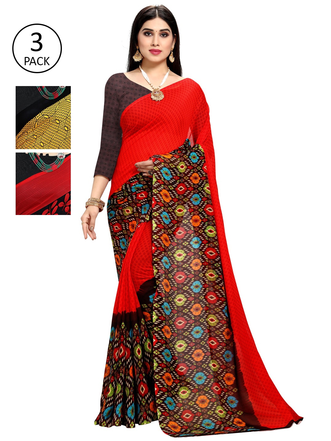 

KALINI Pack of 3 Poly Georgette Saree, Red