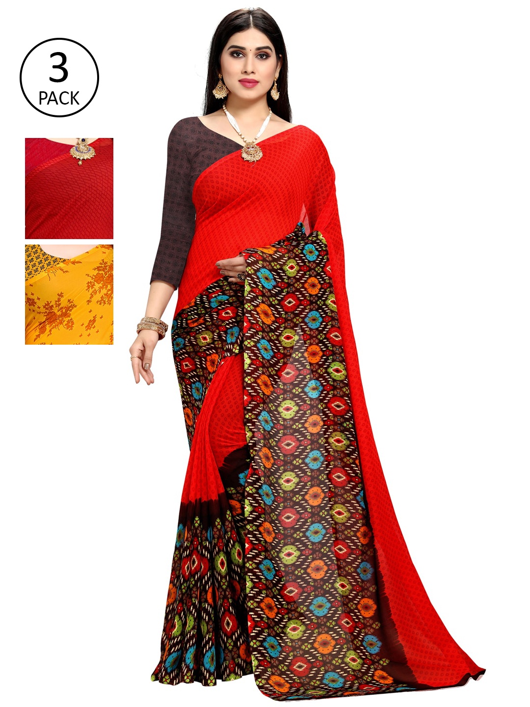 KALINI Pack Of 3 Printed Poly Georgette Saree, Yellow