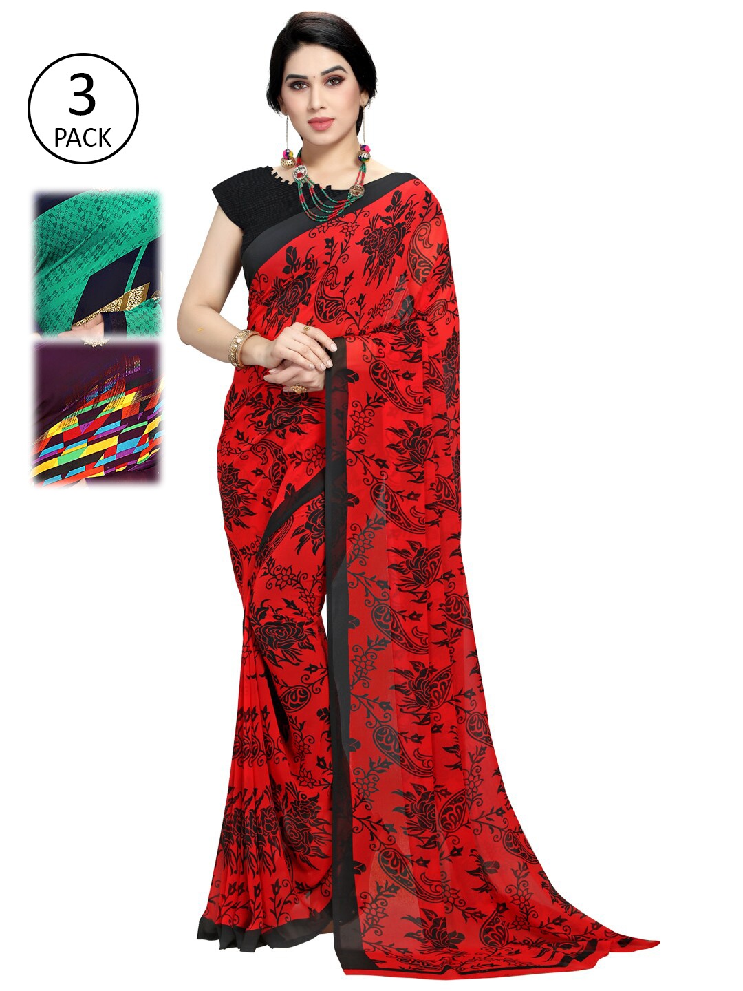 

KALINI Pack Of 3 Printed Poly Georgette Sarees, Purple