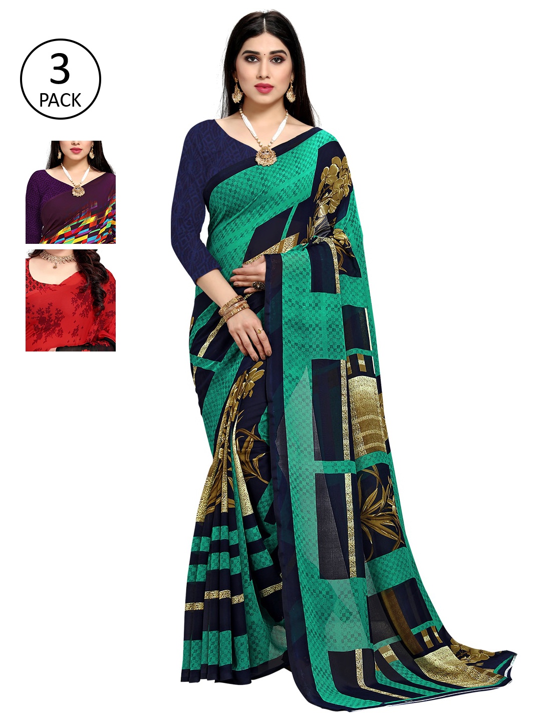 

KALINI Set Of 3 Printed Sarees, Red