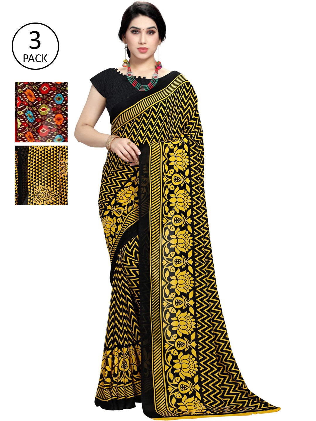 

KALINI Set Of 3 Printed Sarees, Yellow
