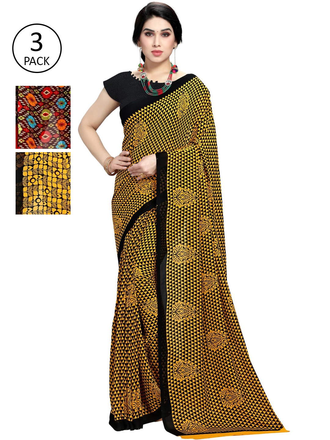 

KALINI Pack Of 3 Yellow & Black Saree