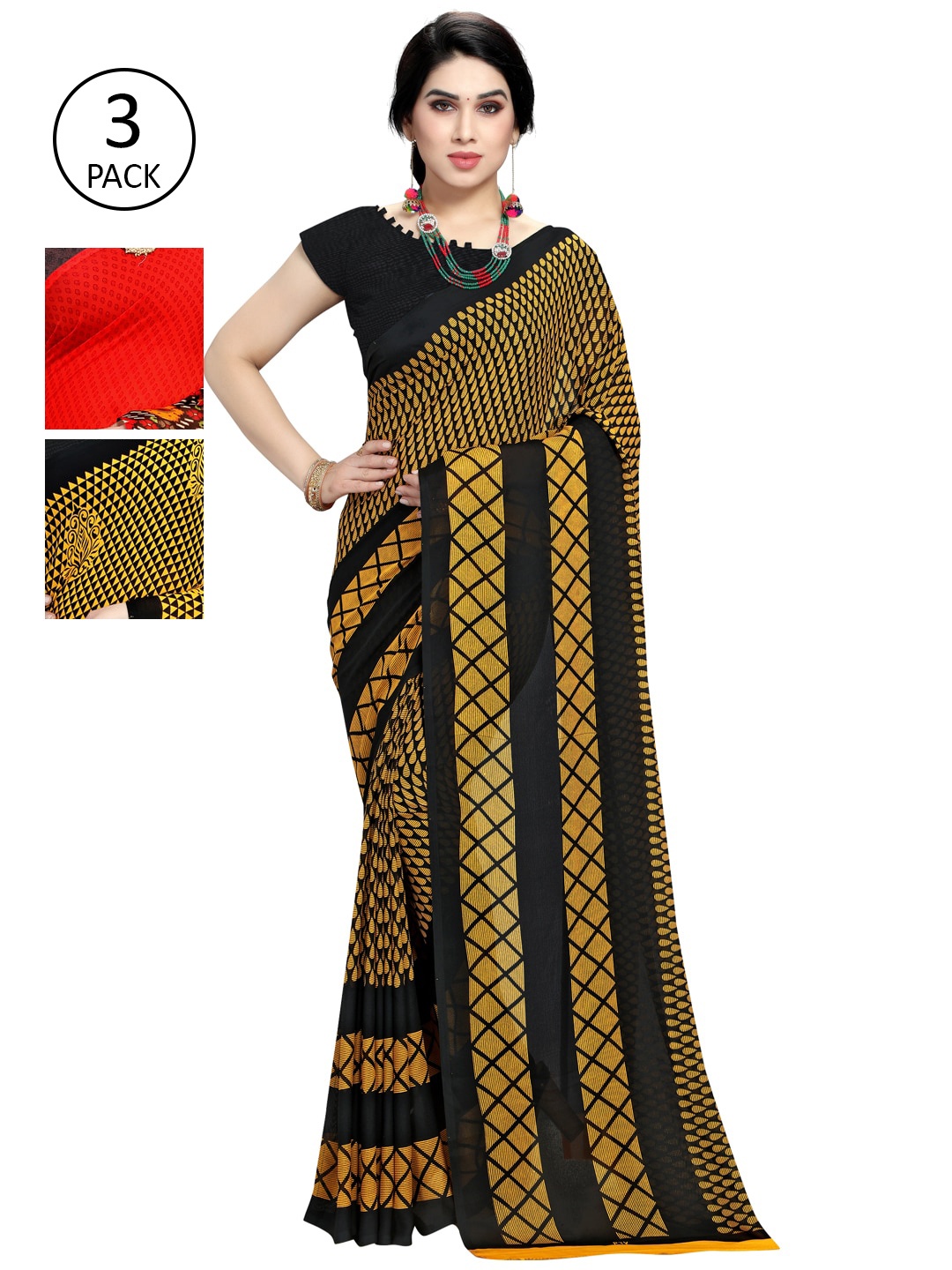 

KALINI Pack Of 3 Printed Sarees, Yellow
