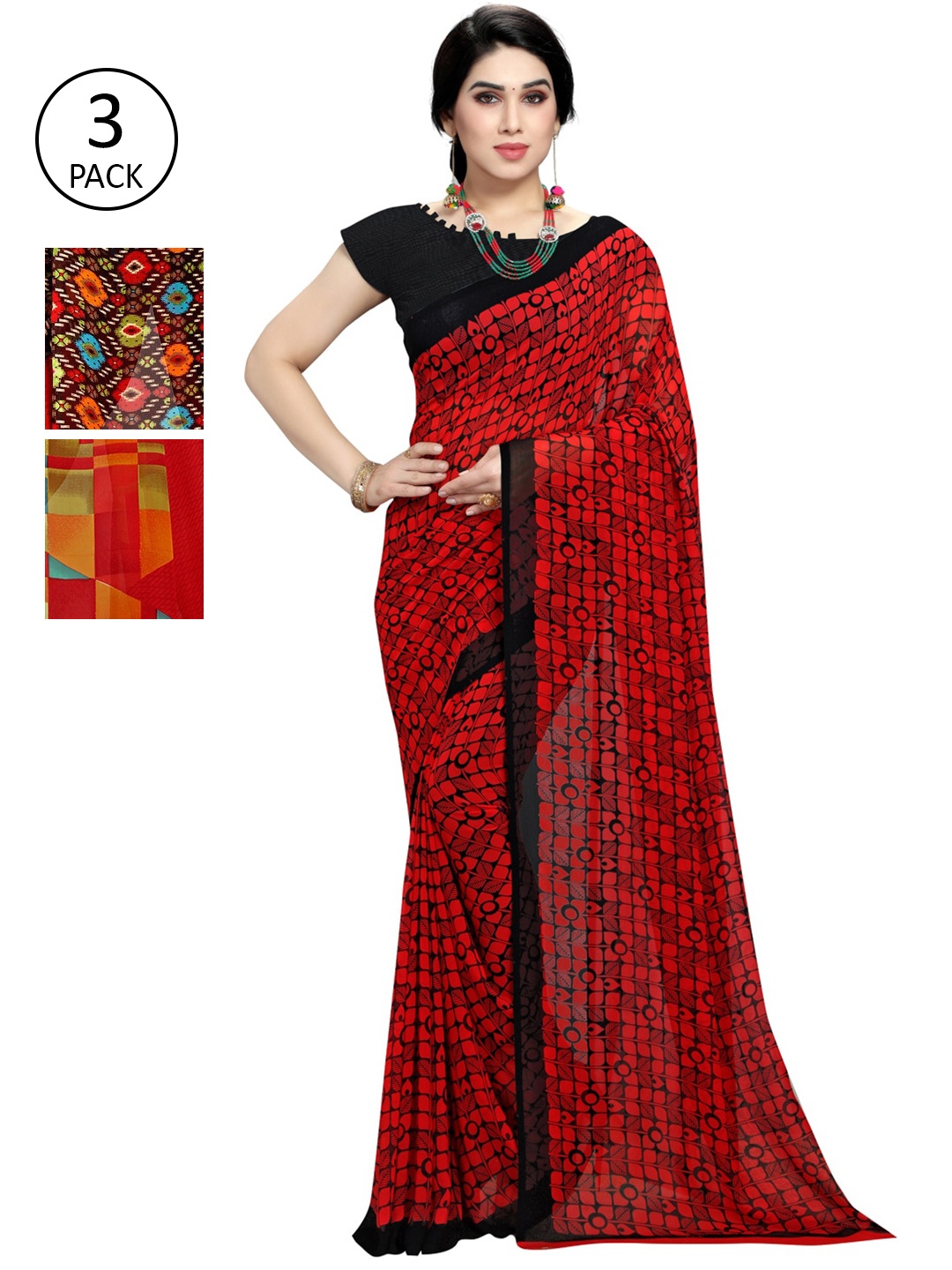 

KALINI Pack Of 3 Printed Sarees, Red