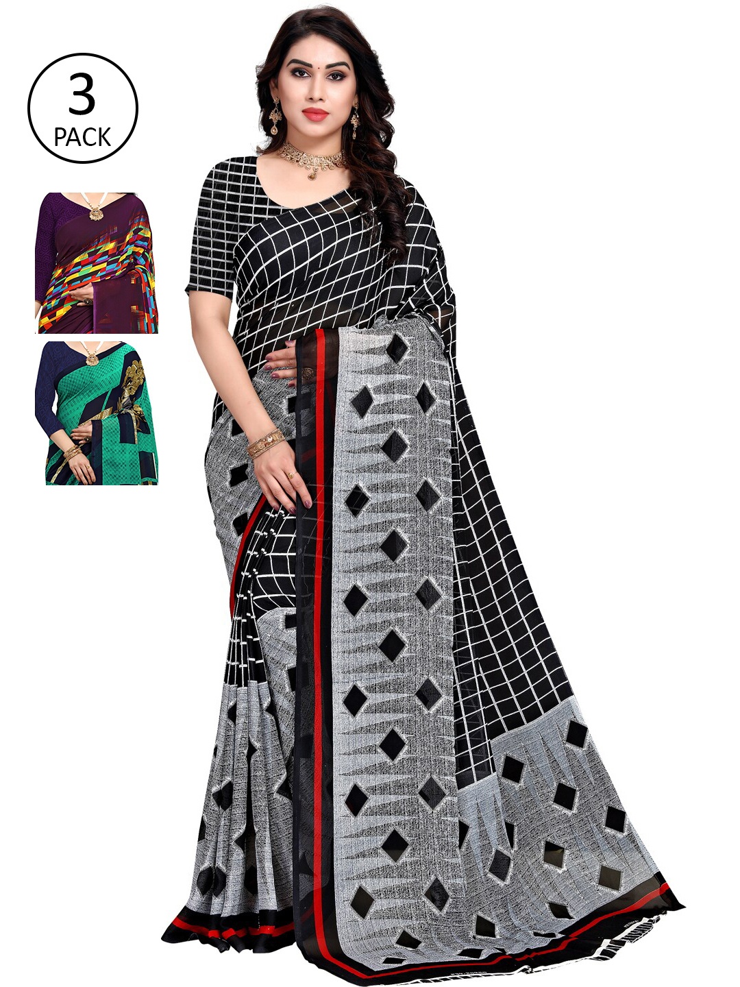 

KALINI Pack Of 3 Multicoloured Poly Georgette Sarees, Multi