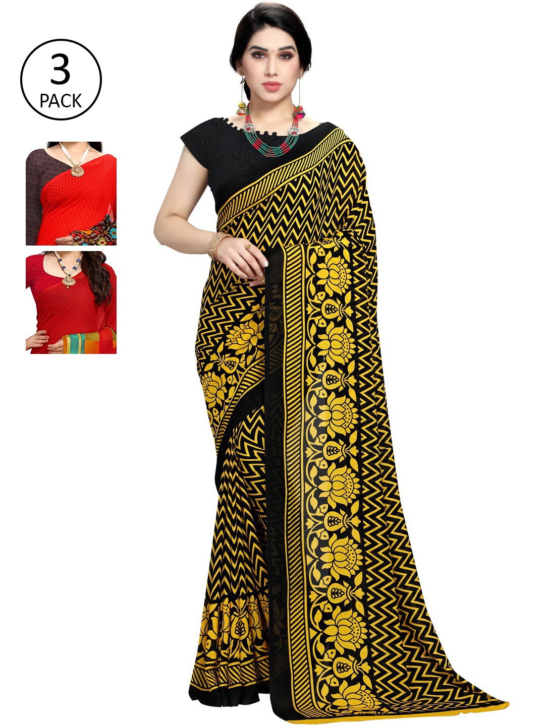 

KALINI Pack Of 3 Printed Sarees, Yellow