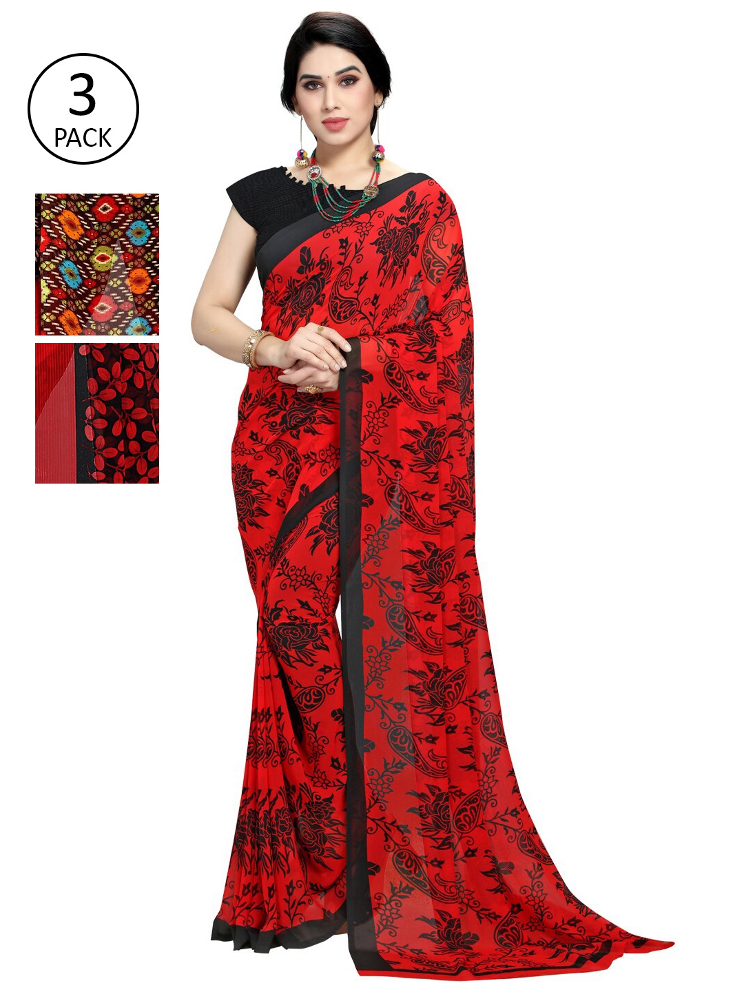 

KALINI Pack of 3 Printed Sarees, Red