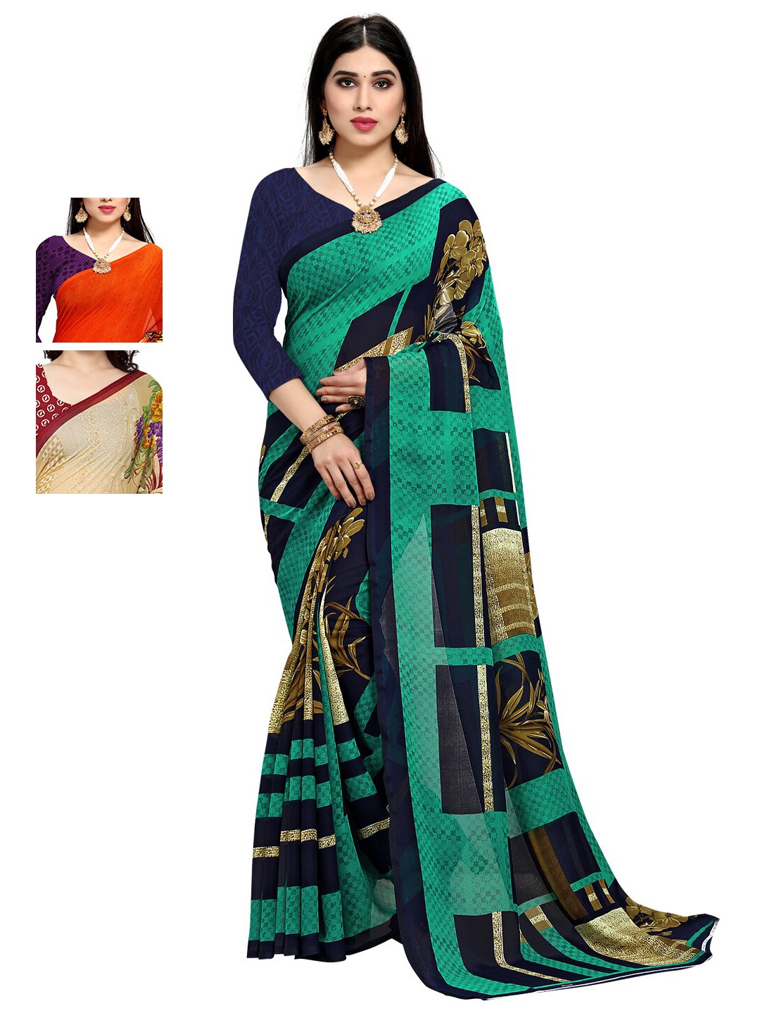 

KALINI Pack of 3 Printed Sarees, Green