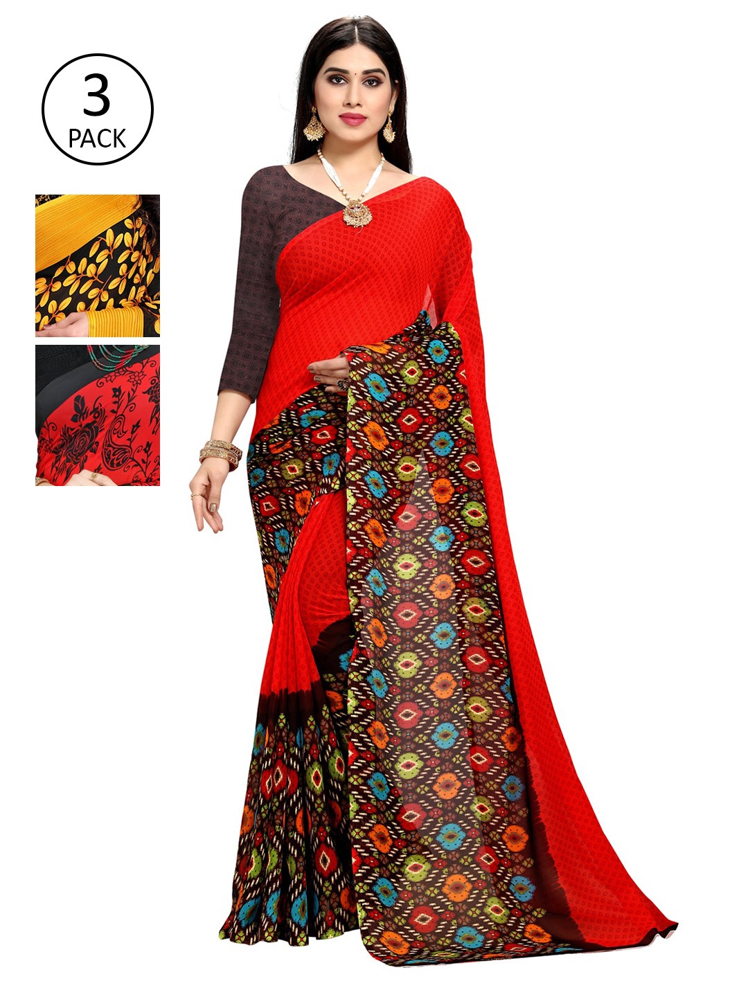

KALINI Set Of 3 Printed Sarees, Red