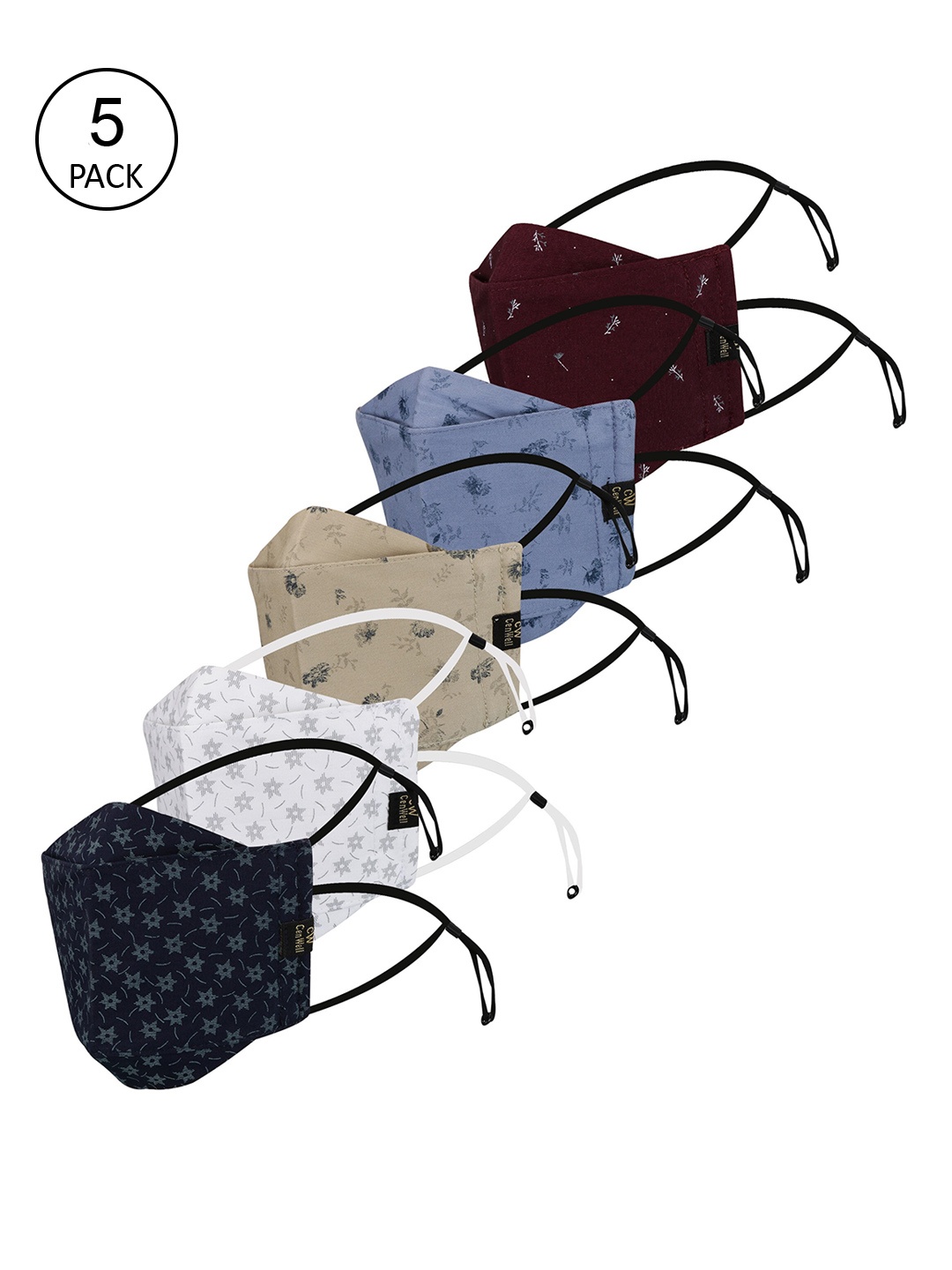 

CENWELL Unisex Pack Of 5 Printed Cotton Reusable 6-Ply 3D Face Cloth Masks, Black