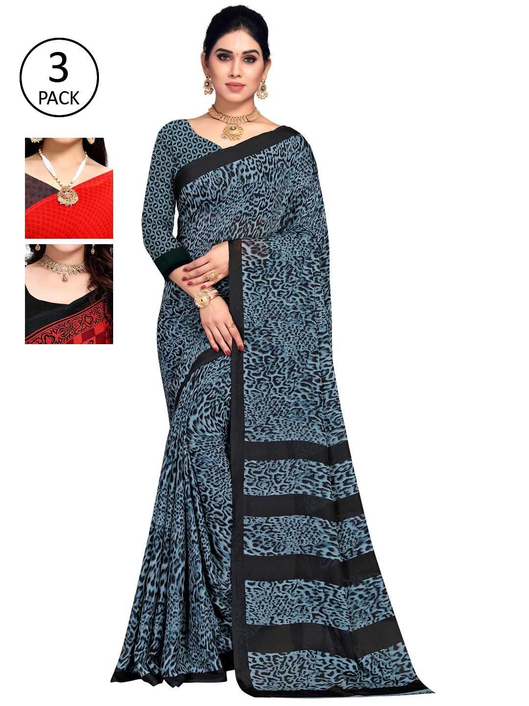 

KALINI Pack of 3 Printed Saree, Red