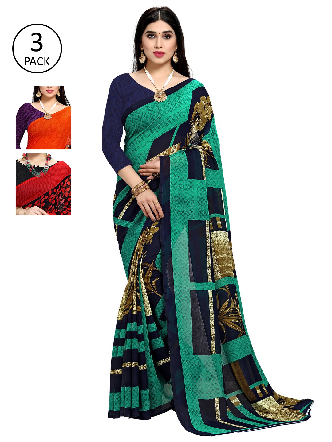 

KALINI Pack Of 3 Printed Poly Georgette Saree, Red