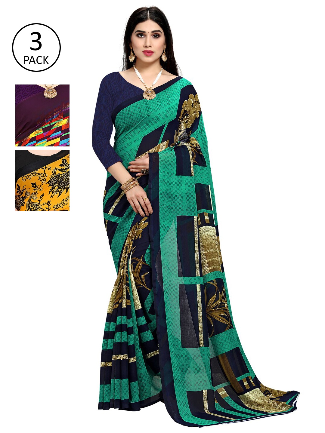 

KALINI Pack of 3 Printed Sarees, Yellow
