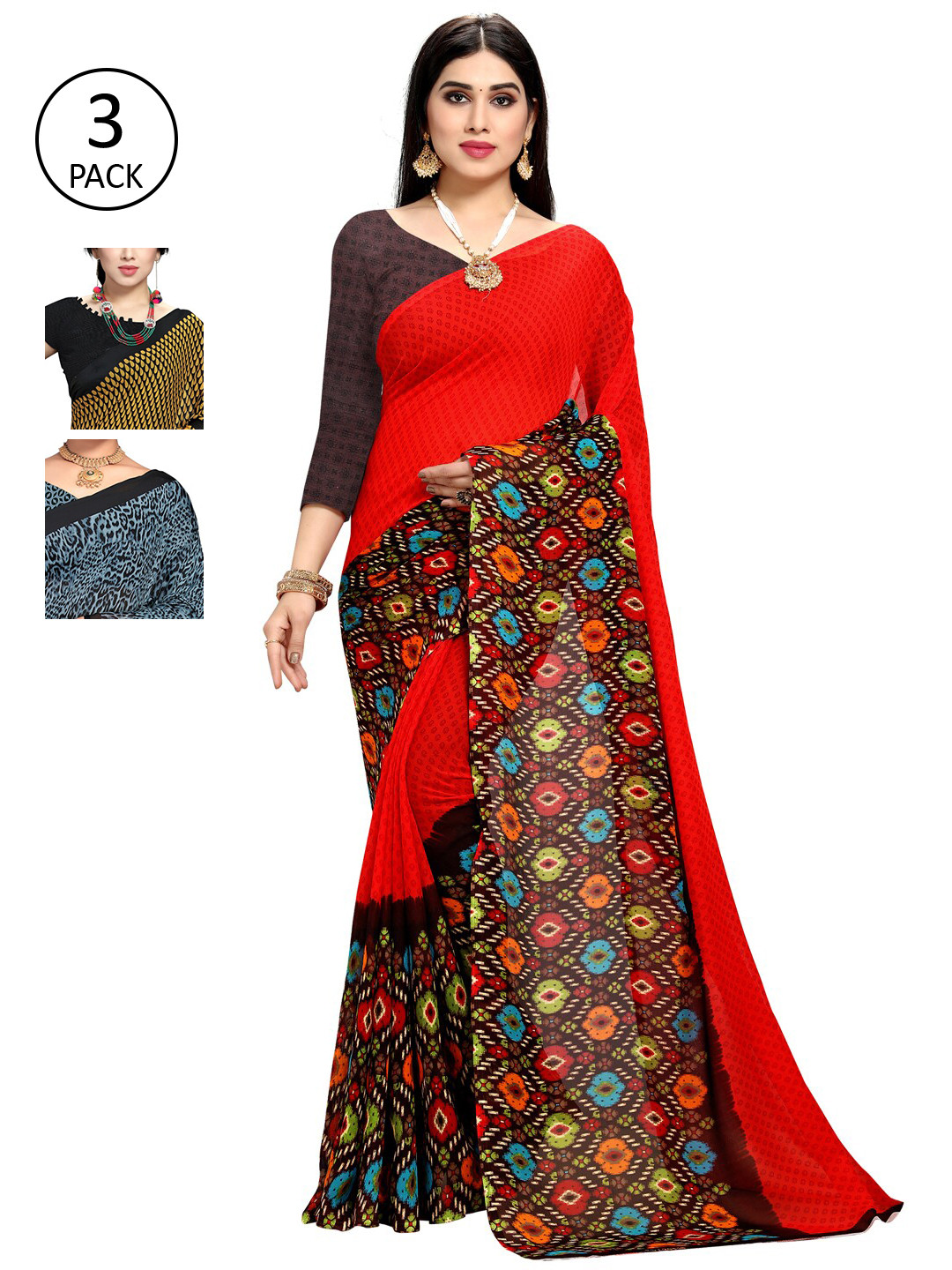 

KALINI Pack of 3 Printed Saree, Orange