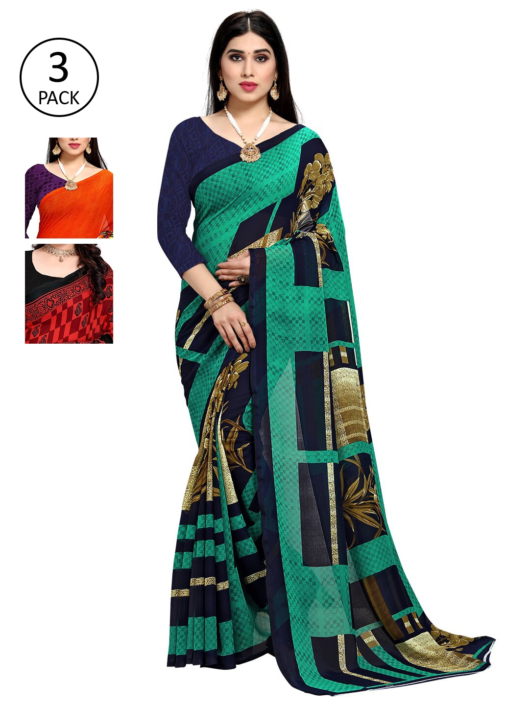 

KALINI Pack of 3 Printed Sarees, Orange